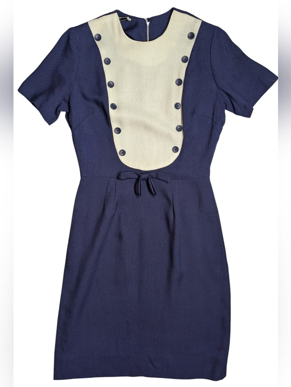 1960s Sandy Richards Navy and Cream Short Sleeve Button-Accent Dress
